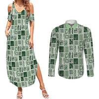 Vintage Aloha Block Quilt Couples Matching Summer Maxi Dress and Long Sleeve Button Shirt Green Inspired Lei Motifs LT9 Green - Polynesian Pride