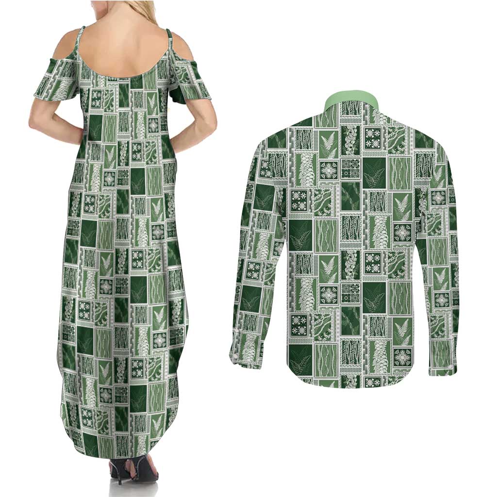 Vintage Aloha Block Quilt Couples Matching Summer Maxi Dress and Long Sleeve Button Shirt Green Inspired Lei Motifs LT9 - Polynesian Pride