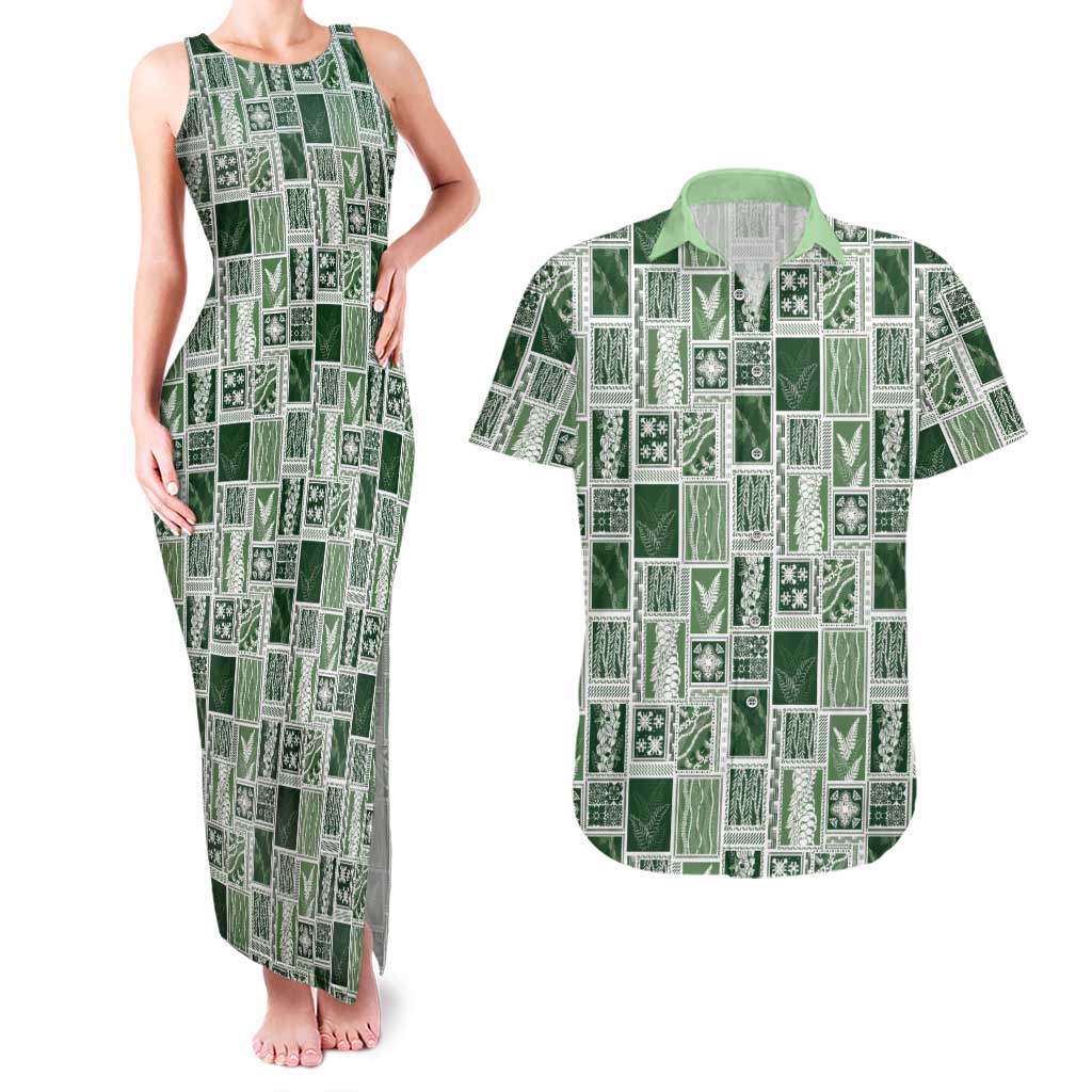 Vintage Aloha Block Quilt Couples Matching Tank Maxi Dress and Hawaiian Shirt Green Inspired Lei Motifs - Polynesian Pride