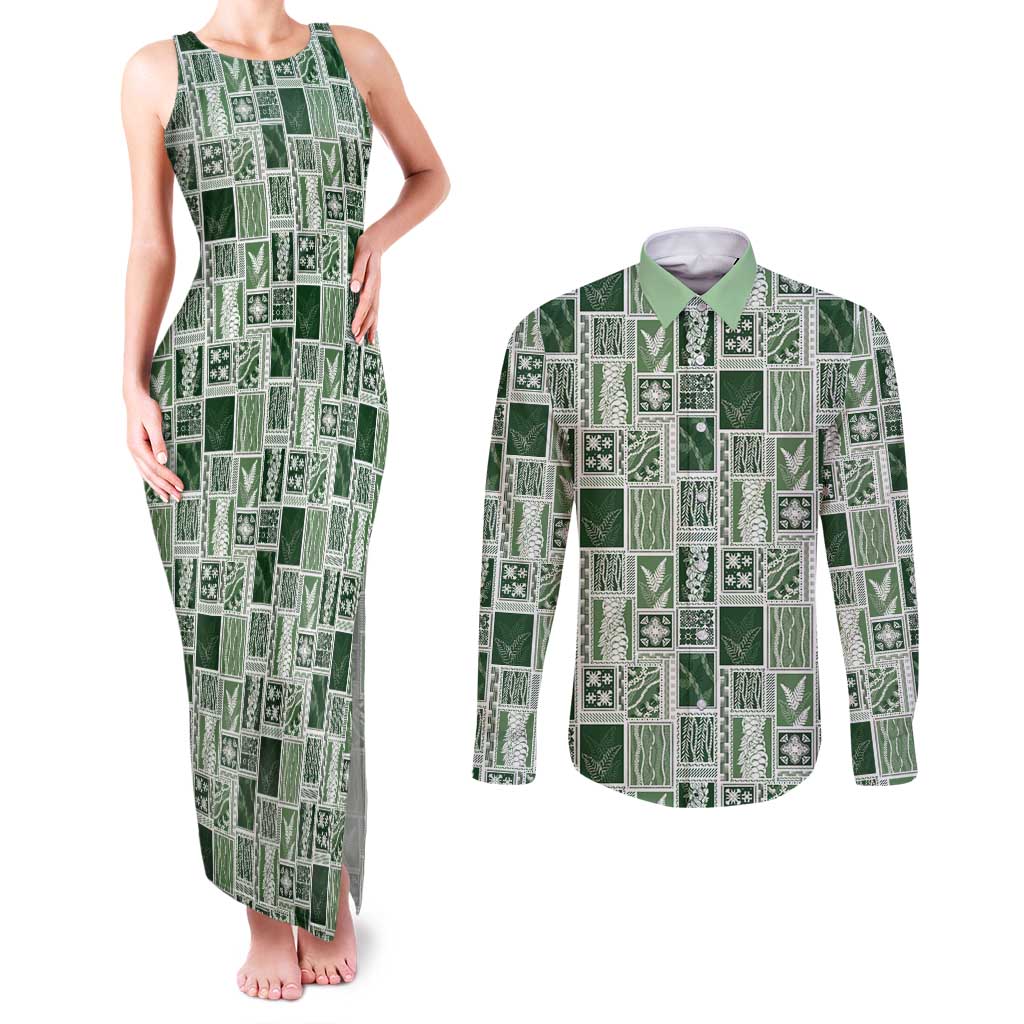 Vintage Aloha Block Quilt Couples Matching Tank Maxi Dress and Long Sleeve Button Shirt Green Inspired Lei Motifs LT9 Green - Polynesian Pride