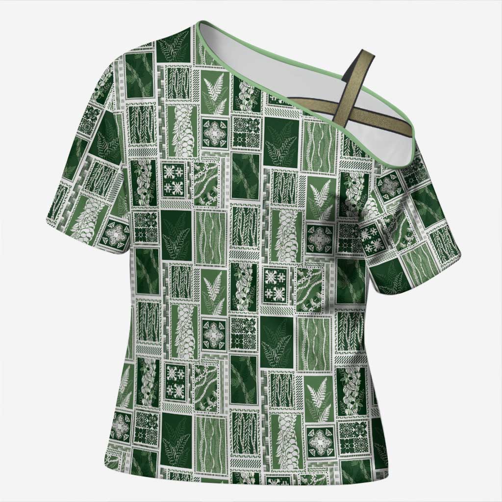 Vintage Aloha Block Quilt Cross Shoulder Shirt Green Inspired Lei Motifs - Polynesian Pride