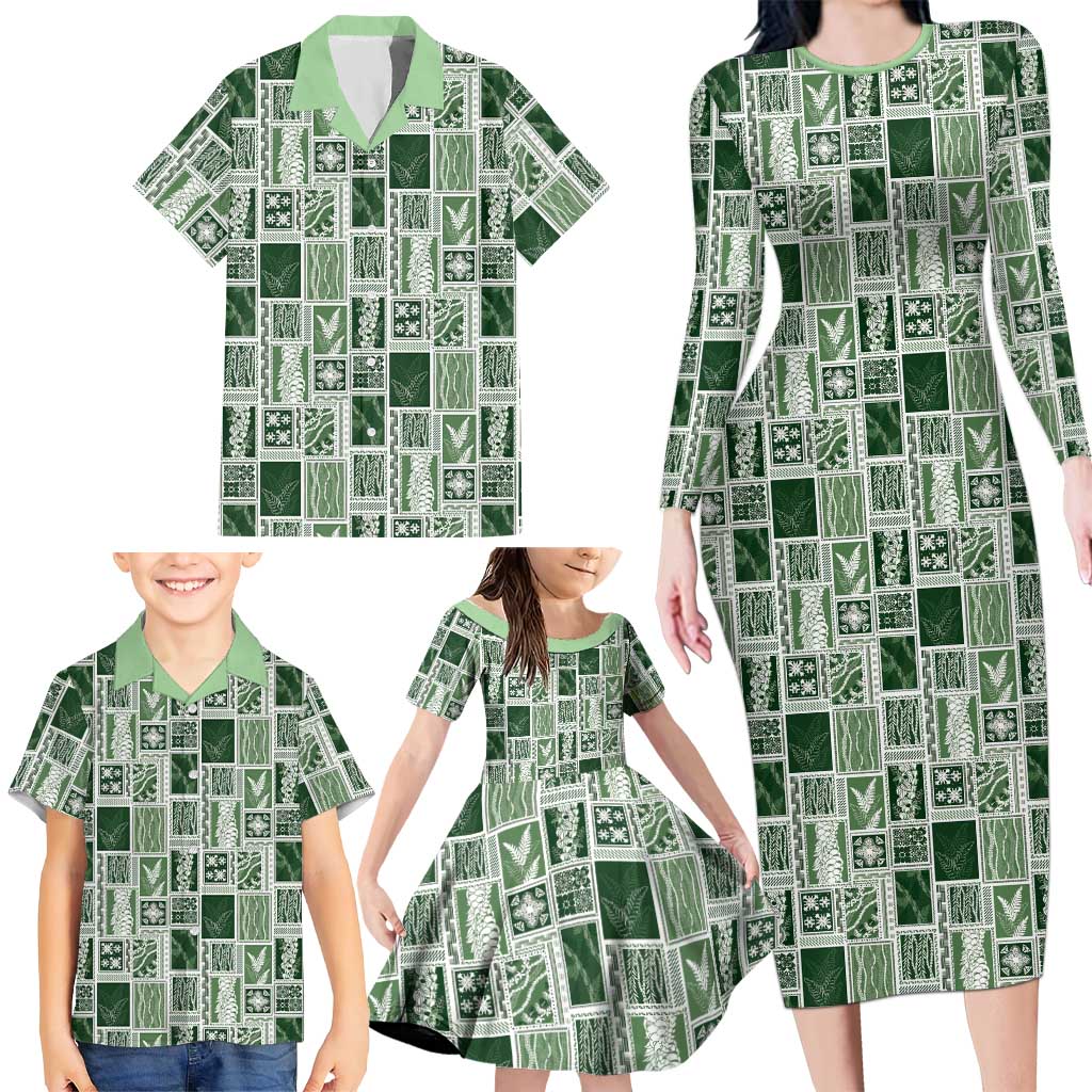Vintage Aloha Block Quilt Family Matching Long Sleeve Bodycon Dress and Hawaiian Shirt Green Inspired Lei Motifs LT9 - Polynesian Pride