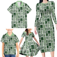 Vintage Aloha Block Quilt Family Matching Long Sleeve Bodycon Dress and Hawaiian Shirt Green Inspired Lei Motifs LT9 - Polynesian Pride