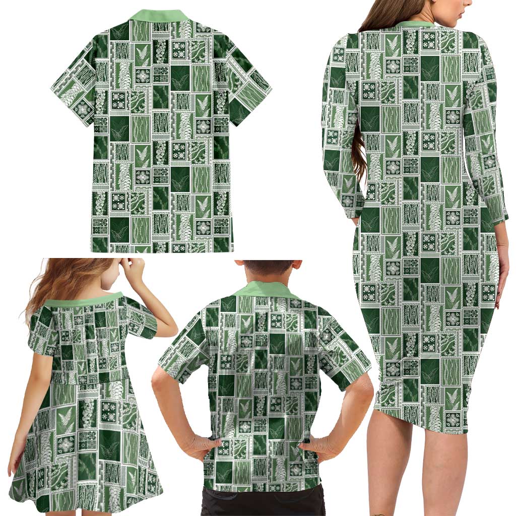 Vintage Aloha Block Quilt Family Matching Long Sleeve Bodycon Dress and Hawaiian Shirt Green Inspired Lei Motifs LT9 - Polynesian Pride
