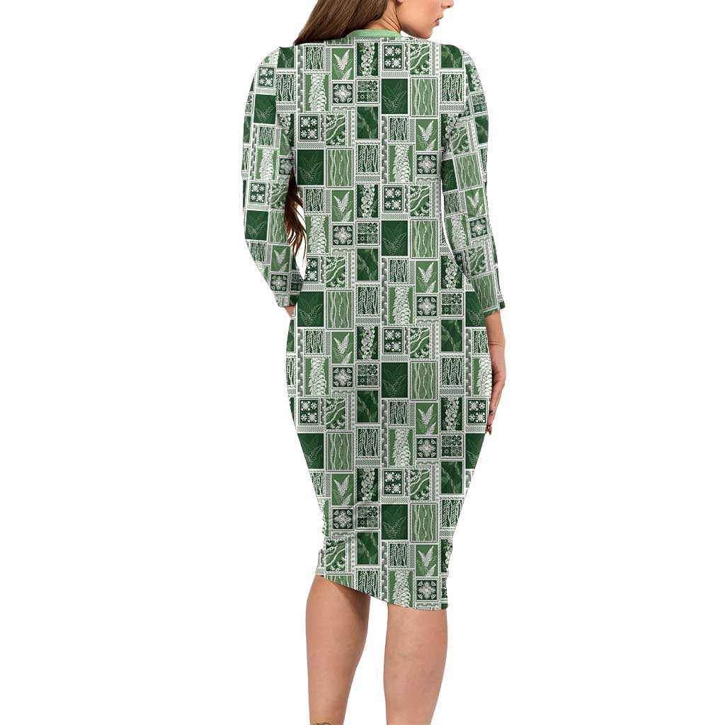 Vintage Aloha Block Quilt Family Matching Long Sleeve Bodycon Dress and Hawaiian Shirt Green Inspired Lei Motifs LT9 - Polynesian Pride