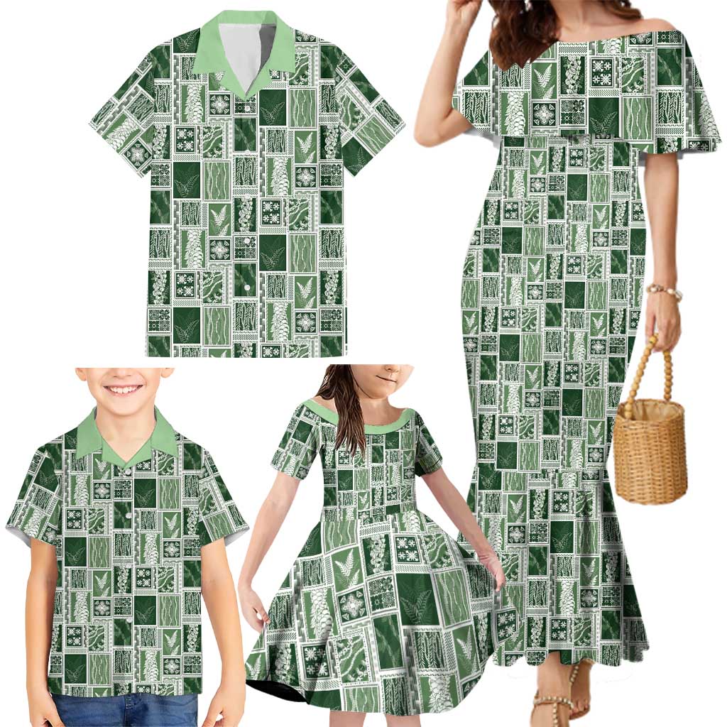 Vintage Aloha Block Quilt Family Matching Mermaid Dress and Hawaiian Shirt Green Inspired Lei Motifs LT9 - Polynesian Pride
