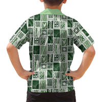Vintage Aloha Block Quilt Family Matching Off The Shoulder Long Sleeve Dress and Hawaiian Shirt Green Inspired Lei Motifs LT9 - Polynesian Pride