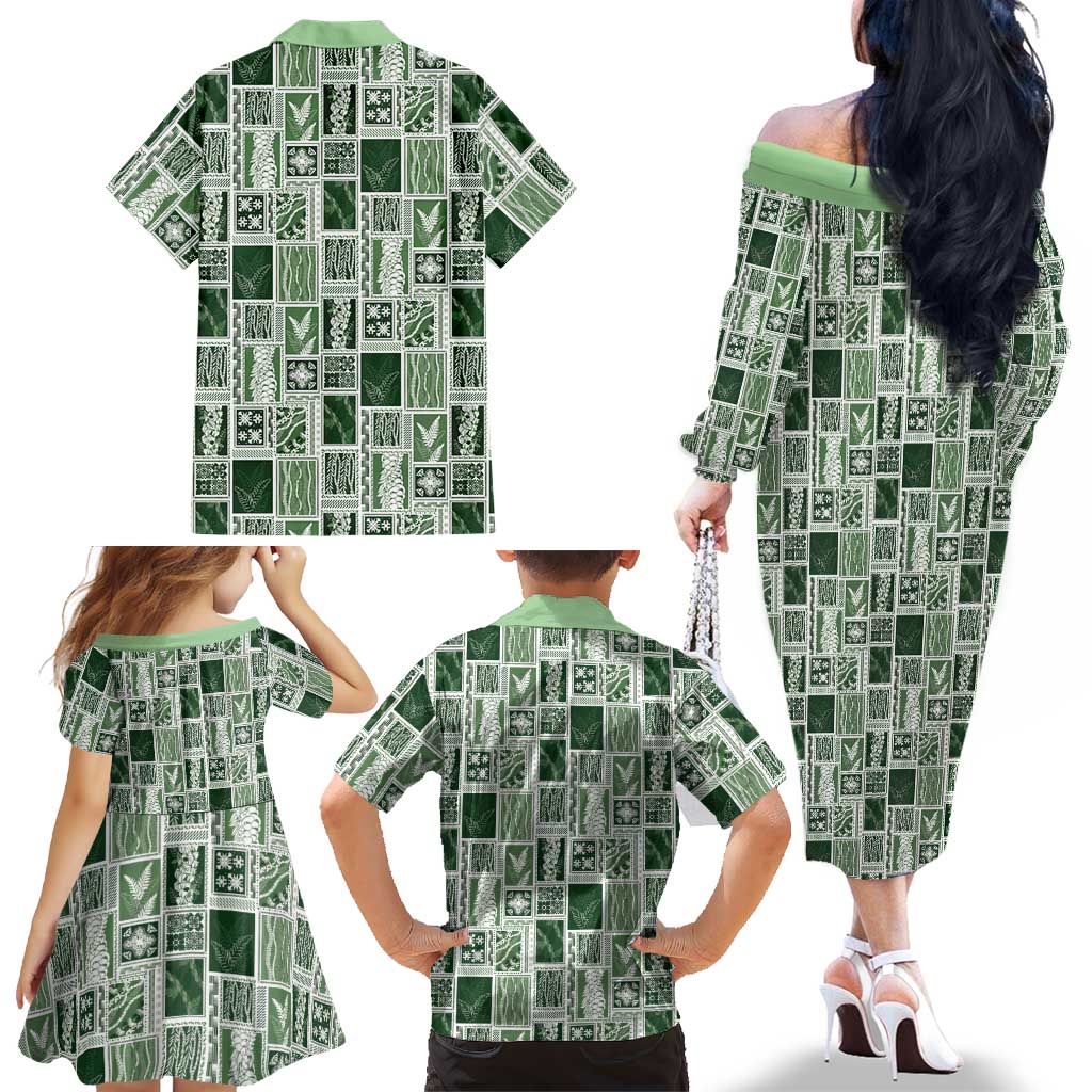 Vintage Aloha Block Quilt Family Matching Off The Shoulder Long Sleeve Dress and Hawaiian Shirt Green Inspired Lei Motifs LT9 - Polynesian Pride