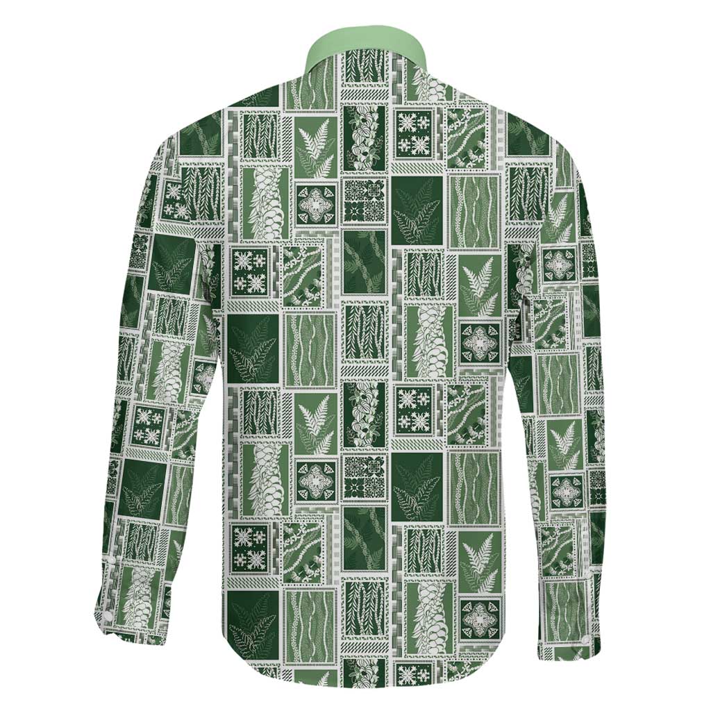 Vintage Aloha Block Quilt Family Matching Off The Shoulder Long Sleeve Dress and Hawaiian Shirt Green Inspired Lei Motifs LT9 - Polynesian Pride
