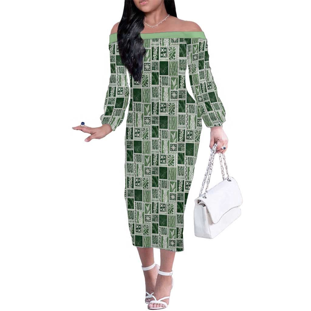 Vintage Aloha Block Quilt Family Matching Off The Shoulder Long Sleeve Dress and Hawaiian Shirt Green Inspired Lei Motifs LT9 Mom's Dress Green - Polynesian Pride