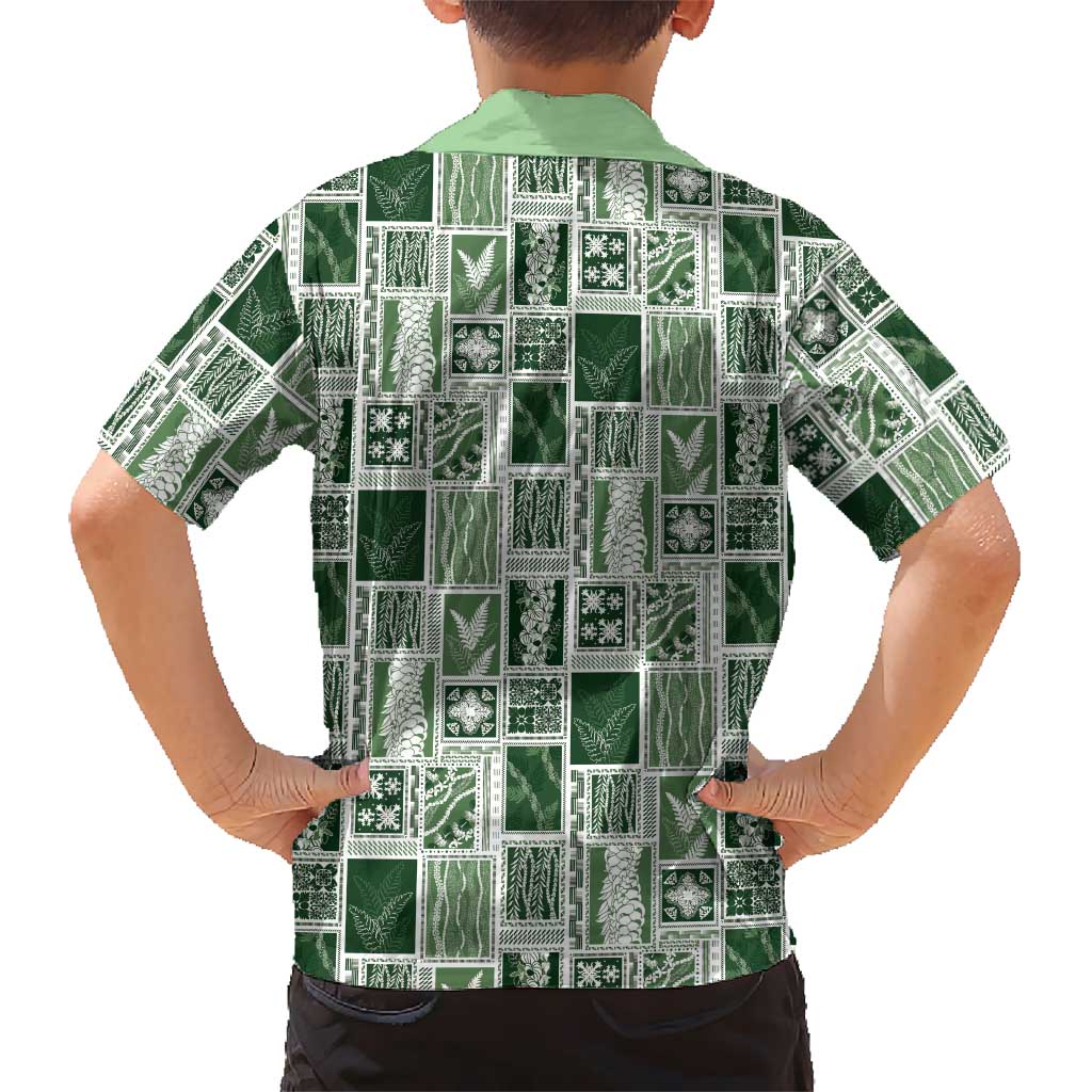 Vintage Aloha Block Quilt Family Matching Off Shoulder Maxi Dress and Hawaiian Shirt Green Inspired Lei Motifs LT9 - Polynesian Pride
