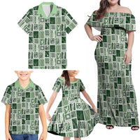 Vintage Aloha Block Quilt Family Matching Off Shoulder Maxi Dress and Hawaiian Shirt Green Inspired Lei Motifs LT9 - Polynesian Pride