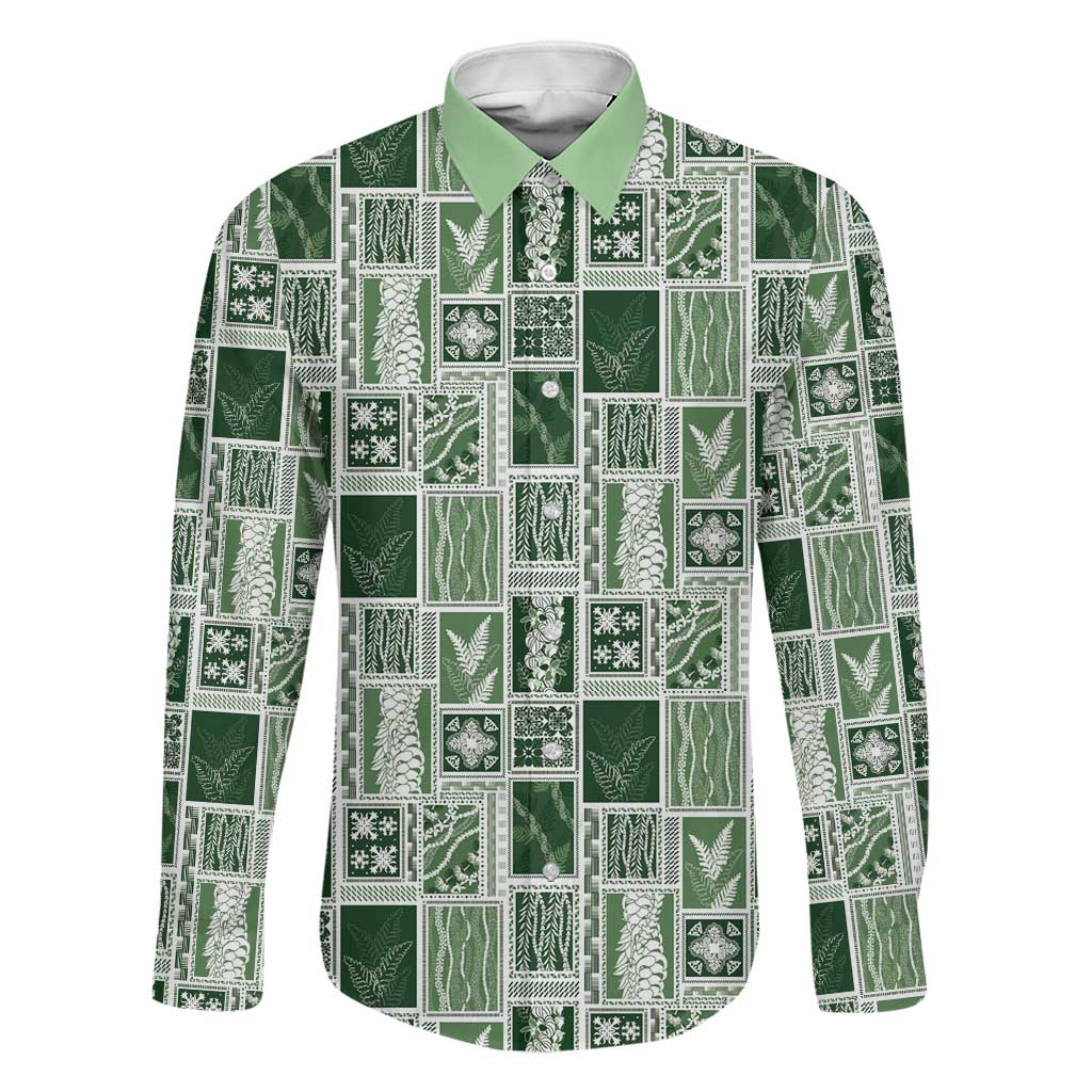 Vintage Aloha Block Quilt Family Matching Off Shoulder Maxi Dress and Hawaiian Shirt Green Inspired Lei Motifs LT9 Dad's Shirt - Long Sleeve Green - Polynesian Pride