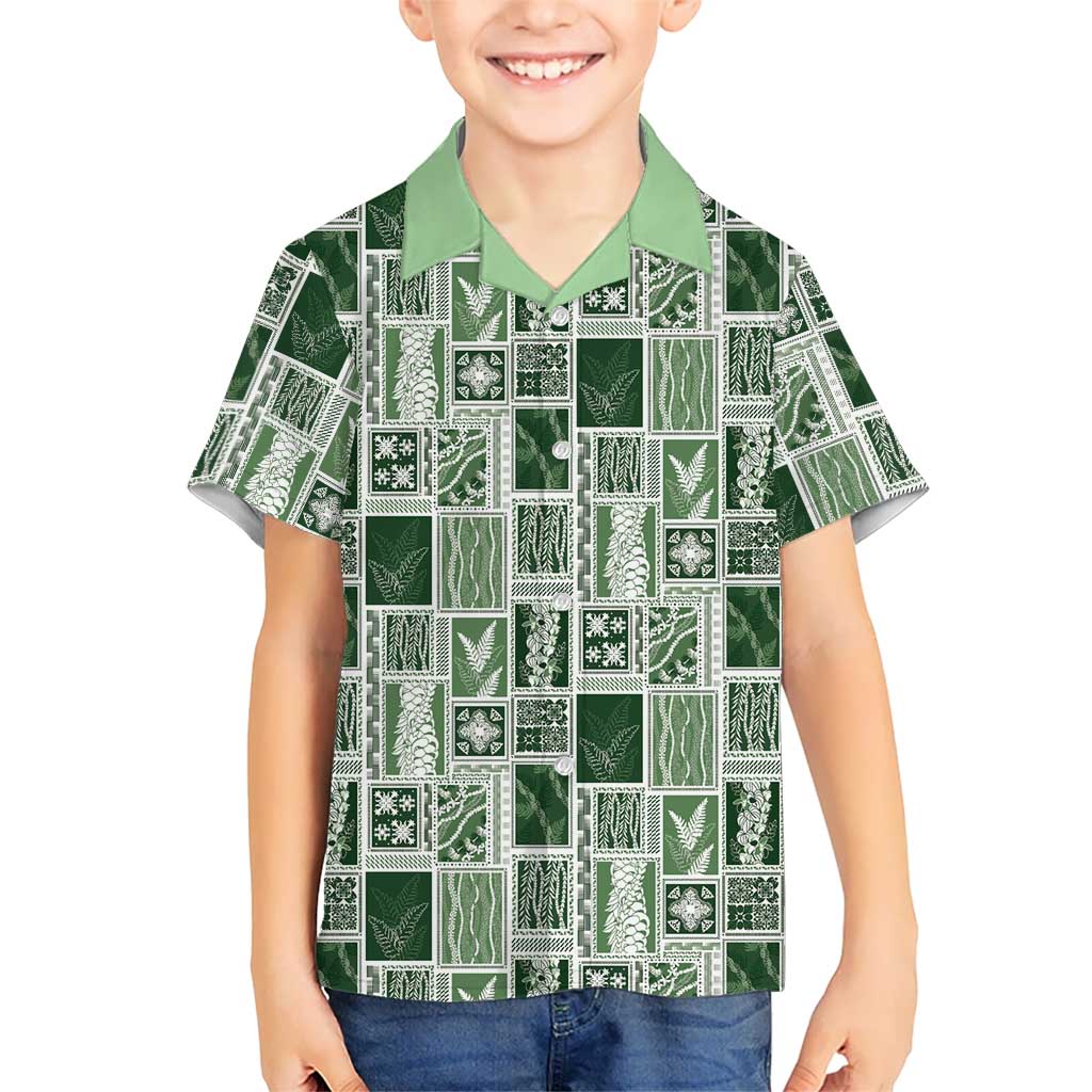 Vintage Aloha Block Quilt Family Matching Off Shoulder Maxi Dress and Hawaiian Shirt Green Inspired Lei Motifs LT9 Son's Shirt Green - Polynesian Pride