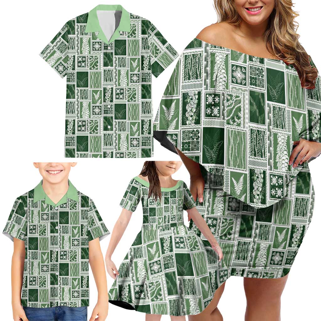 Vintage Aloha Block Quilt Family Matching Off Shoulder Short Dress and Hawaiian Shirt Green Inspired Lei Motifs LT9 - Polynesian Pride