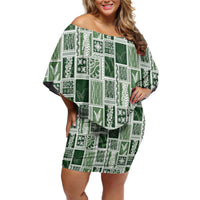 Vintage Aloha Block Quilt Family Matching Off Shoulder Short Dress and Hawaiian Shirt Green Inspired Lei Motifs LT9 Mom's Dress Green - Polynesian Pride