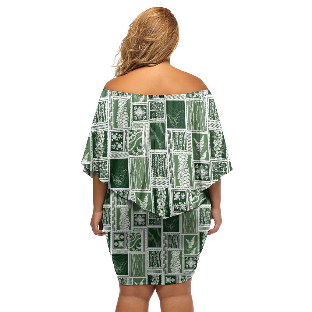 Vintage Aloha Block Quilt Family Matching Off Shoulder Short Dress and Hawaiian Shirt Green Inspired Lei Motifs LT9 - Polynesian Pride