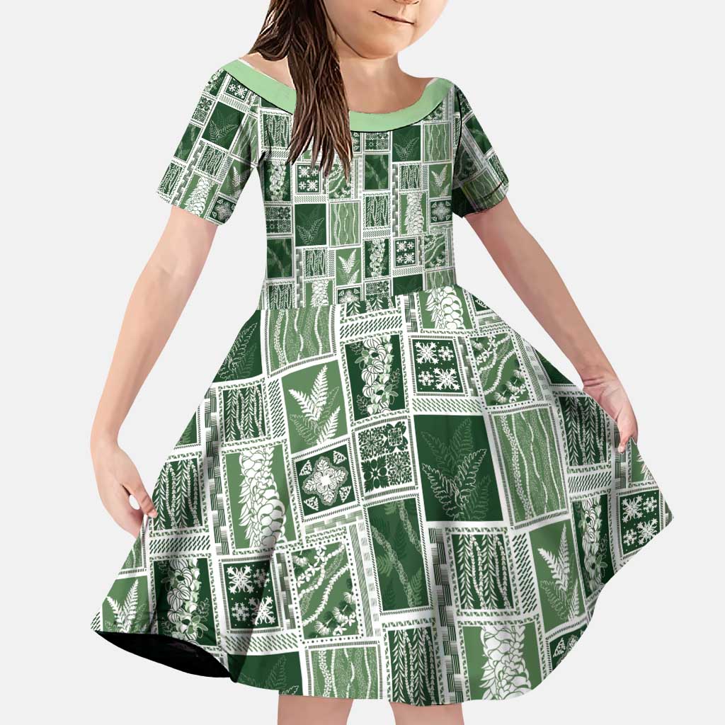Vintage Aloha Block Quilt Family Matching Puletasi and Hawaiian Shirt Green Inspired Lei Motifs LT9 Daughter's Dress Green - Polynesian Pride
