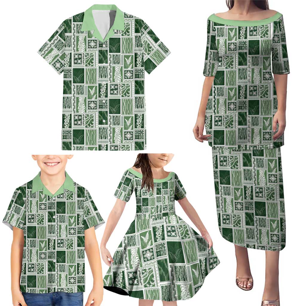 Vintage Aloha Block Quilt Family Matching Puletasi and Hawaiian Shirt Green Inspired Lei Motifs - Polynesian Pride