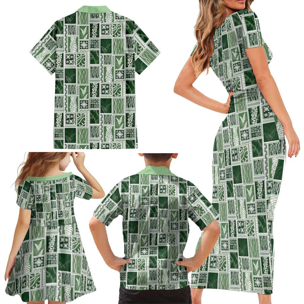 Vintage Aloha Block Quilt Family Matching Short Sleeve Bodycon Dress and Hawaiian Shirt Green Inspired Lei Motifs LT9 - Polynesian Pride