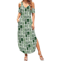 Vintage Aloha Block Quilt Family Matching Summer Maxi Dress and Hawaiian Shirt Green Inspired Lei Motifs LT9 Mom's Dress Green - Polynesian Pride
