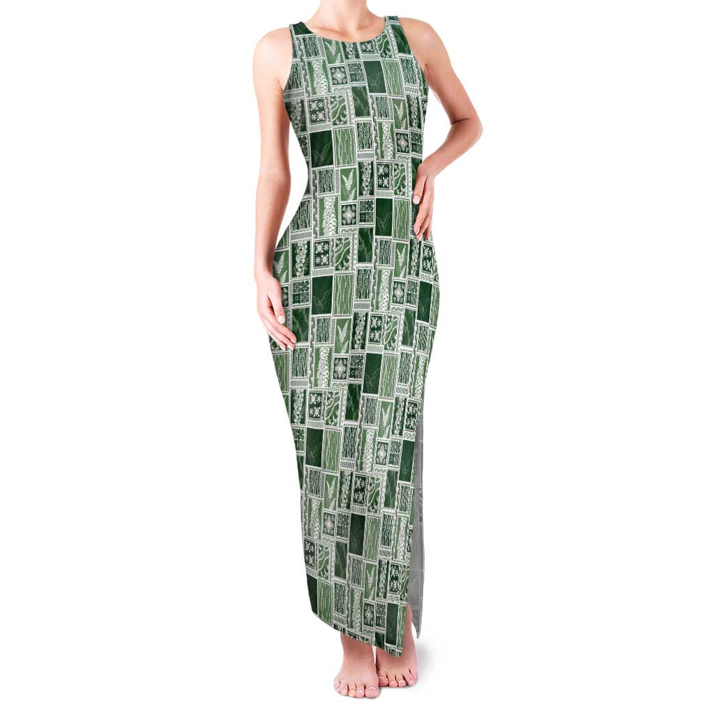 Vintage Aloha Block Quilt Family Matching Tank Maxi Dress and Hawaiian Shirt Green Inspired Lei Motifs LT9 Mom's Dress Green - Polynesian Pride