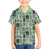 Vintage Aloha Block Quilt Family Matching Tank Maxi Dress and Hawaiian Shirt Green Inspired Lei Motifs LT9 Son's Shirt Green - Polynesian Pride