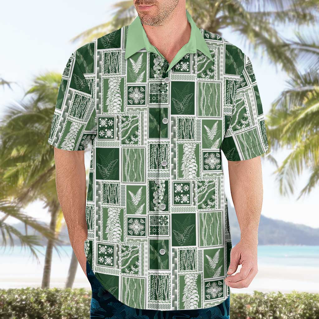 Vintage Aloha Block Quilt Hawaiian Shirt Green Inspired Lei Motifs - Polynesian Pride