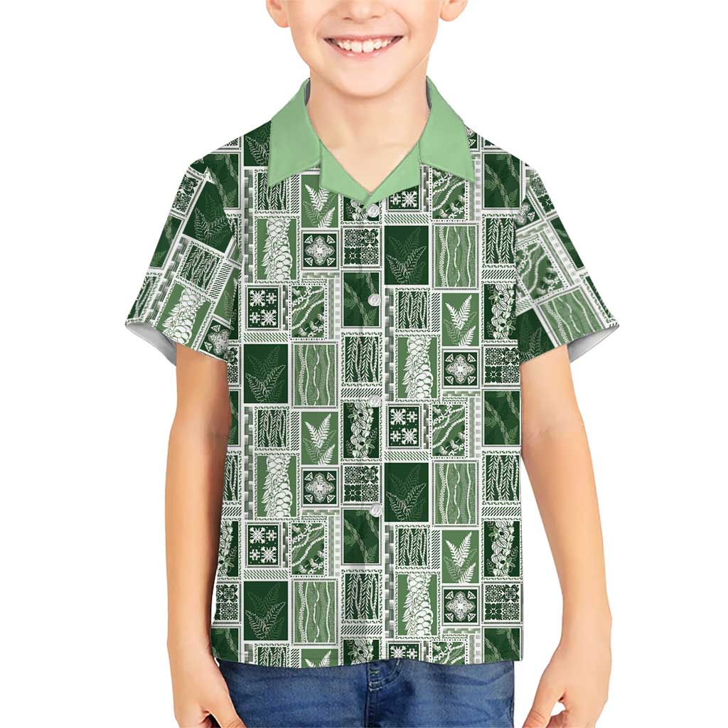 Vintage Aloha Block Quilt Hawaiian Shirt Green Inspired Lei Motifs - Polynesian Pride