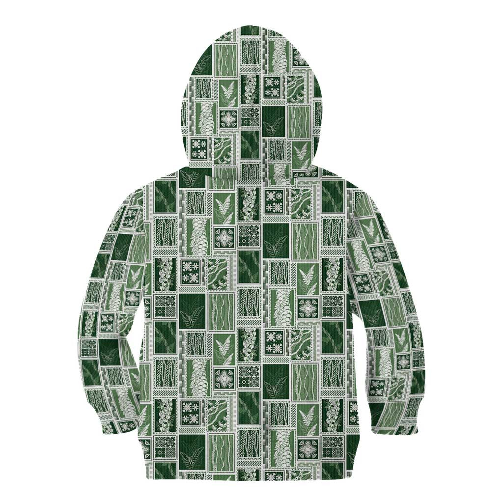Vintage Aloha Block Quilt Kid Hoodie Green Inspired Lei Motifs - Polynesian Pride