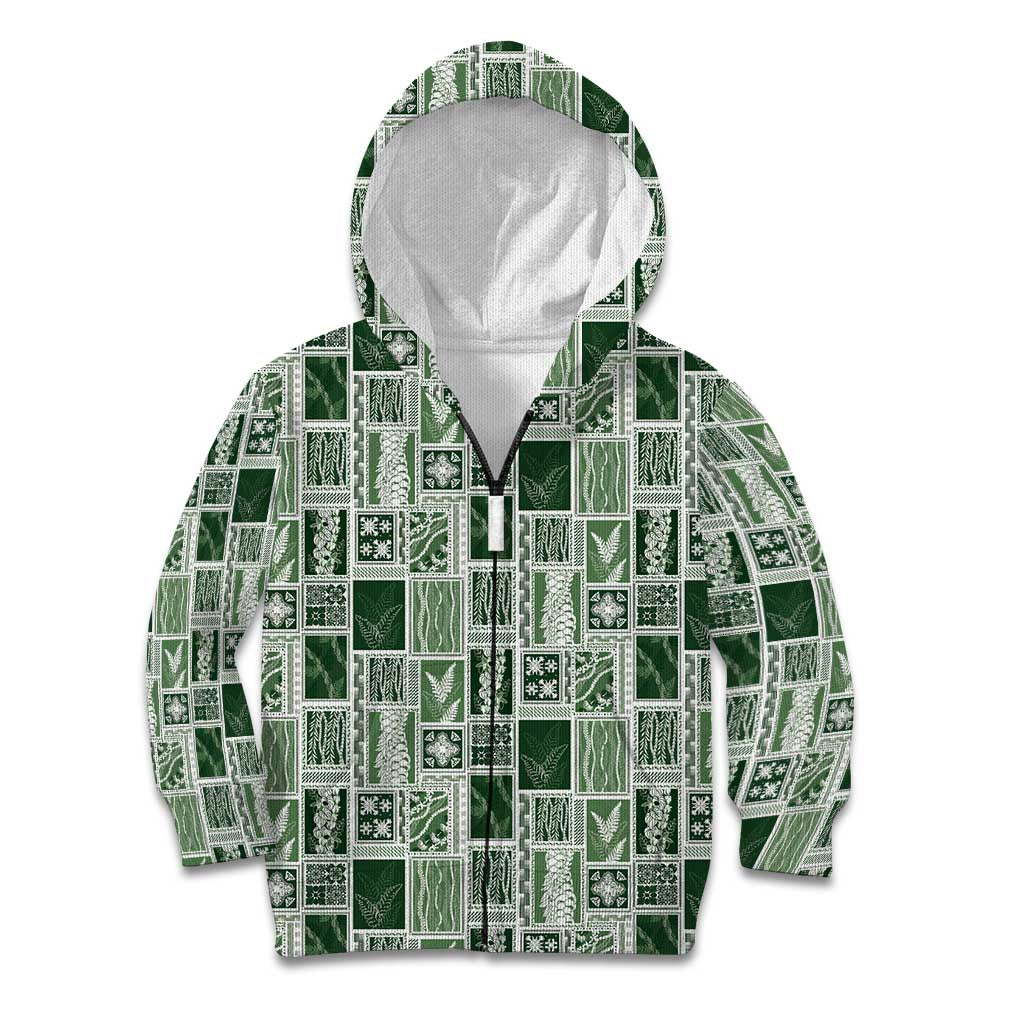 Vintage Aloha Block Quilt Kid Hoodie Green Inspired Lei Motifs - Polynesian Pride