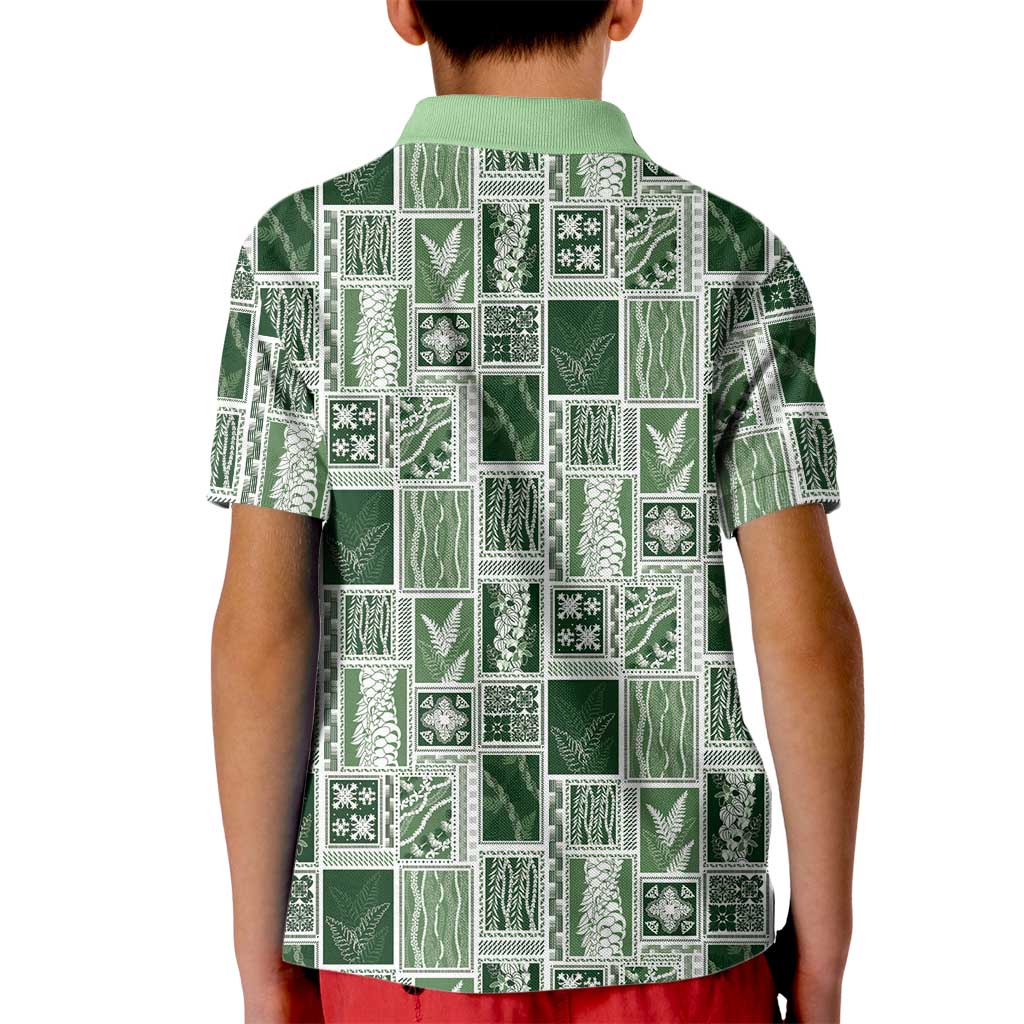 Vintage Aloha Block Quilt Kid Polo Shirt Green Inspired Lei Motifs - Polynesian Pride