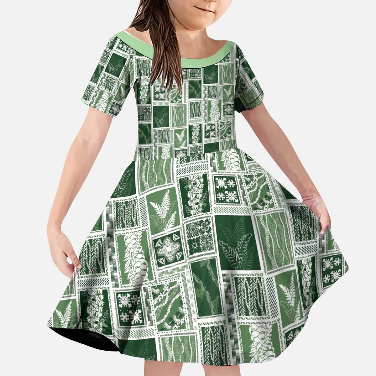 Vintage Aloha Block Quilt Kid Short Sleeve Dress Green Inspired Lei Motifs LT9 KID Green - Polynesian Pride
