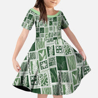 Vintage Aloha Block Quilt Kid Short Sleeve Dress Green Inspired Lei Motifs LT9 KID Green - Polynesian Pride
