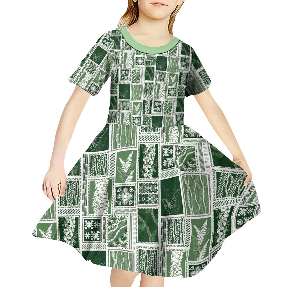 Vintage Aloha Block Quilt Kid Short Sleeve Dress Green Inspired Lei Motifs LT9 - Polynesian Pride