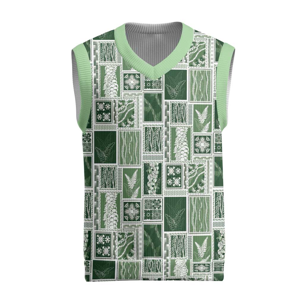 Vintage Aloha Block Quilt Christmas Knitted V-Neck Vest Green Inspired Lei Motifs LT9 Green - Polynesian Pride