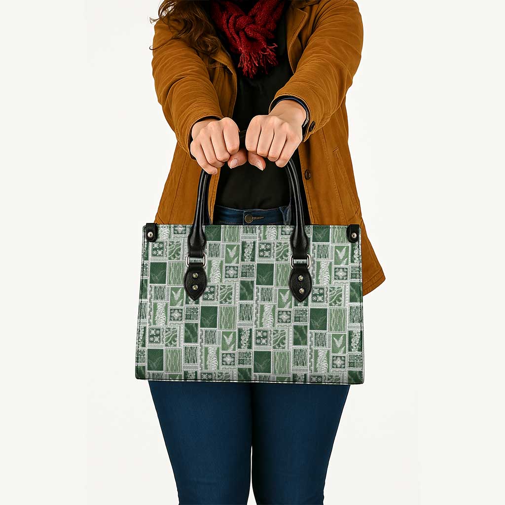 Vintage Aloha Block Quilt Leather Bag Green Inspired Lei Motifs - Polynesian Pride