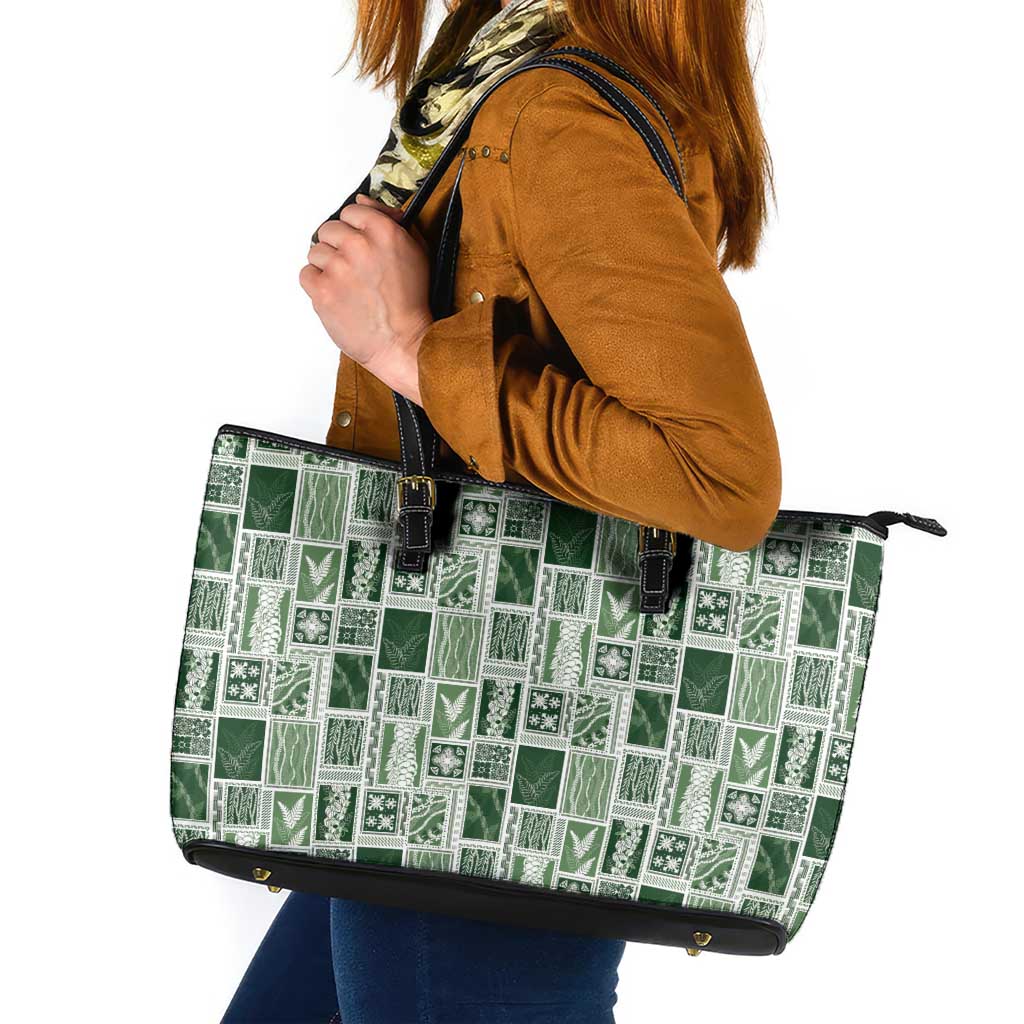 Vintage Aloha Block Quilt Leather Tote Bag Green Inspired Lei Motifs - Polynesian Pride
