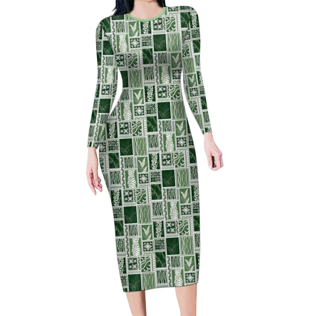 Vintage Aloha Block Quilt Long Sleeve Bodycon Dress Green Inspired Lei Motifs LT9 Long Dress Green - Polynesian Pride