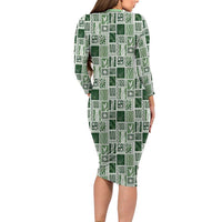 Vintage Aloha Block Quilt Long Sleeve Bodycon Dress Green Inspired Lei Motifs LT9 - Polynesian Pride