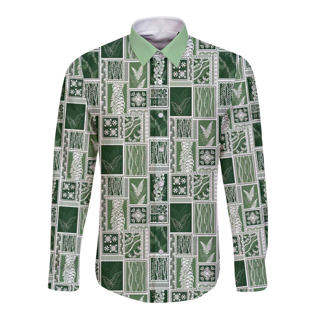 Vintage Aloha Block Quilt Long Sleeve Button Shirt Green Inspired Lei Motifs LT9 Unisex Green - Polynesian Pride