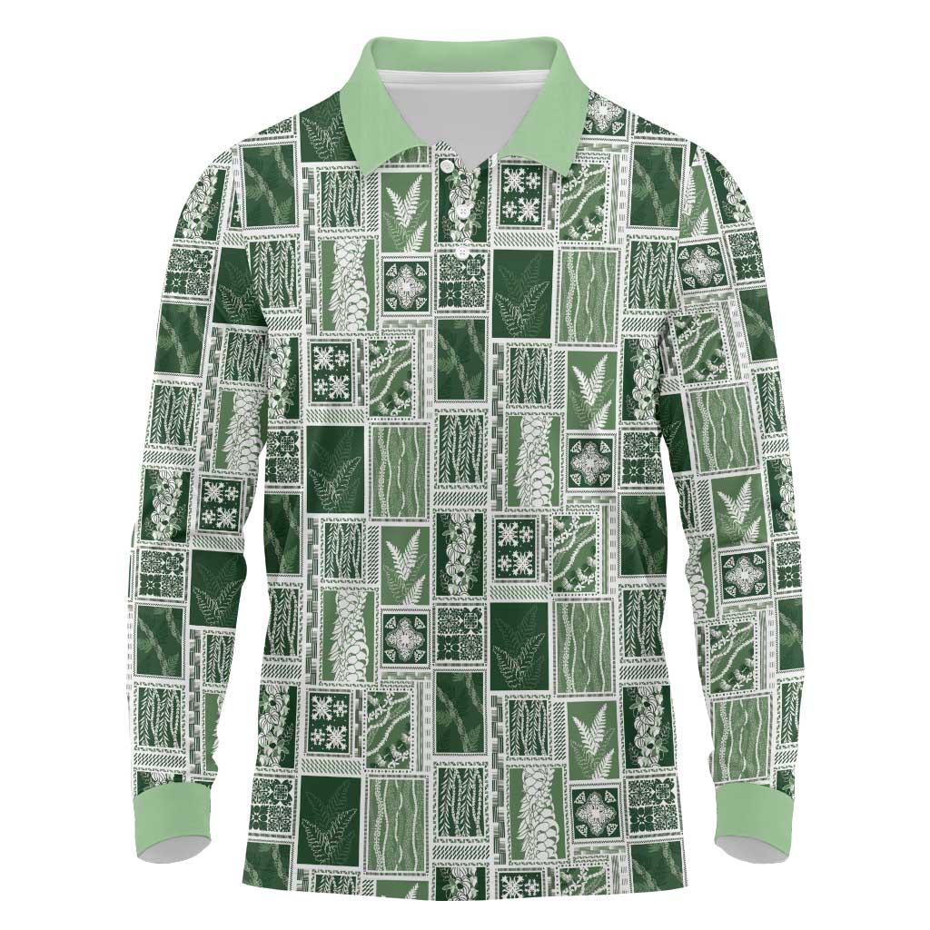 Vintage Aloha Block Quilt Long Sleeve Polo Shirt Green Inspired Lei Motifs LT9 Green - Polynesian Pride