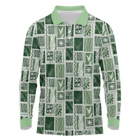 Vintage Aloha Block Quilt Long Sleeve Polo Shirt Green Inspired Lei Motifs LT9 Green - Polynesian Pride
