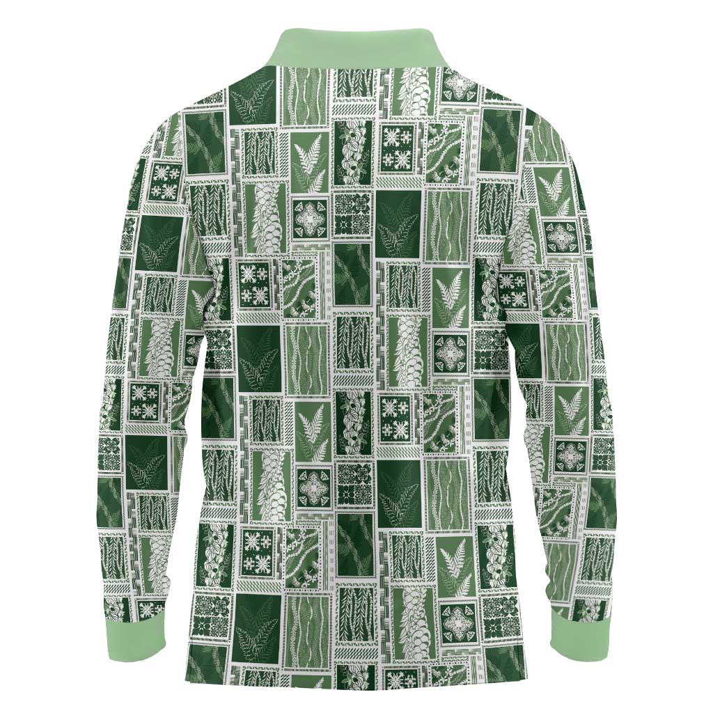 Vintage Aloha Block Quilt Long Sleeve Polo Shirt Green Inspired Lei Motifs LT9 - Polynesian Pride