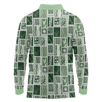 Vintage Aloha Block Quilt Long Sleeve Polo Shirt Green Inspired Lei Motifs LT9 - Polynesian Pride