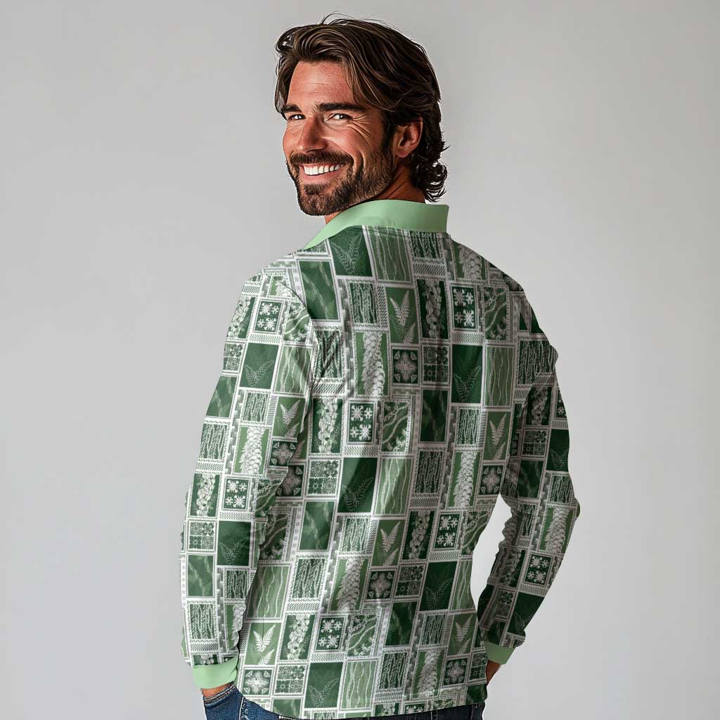 Vintage Aloha Block Quilt Long Sleeve Polo Shirt Green Inspired Lei Motifs LT9 - Polynesian Pride