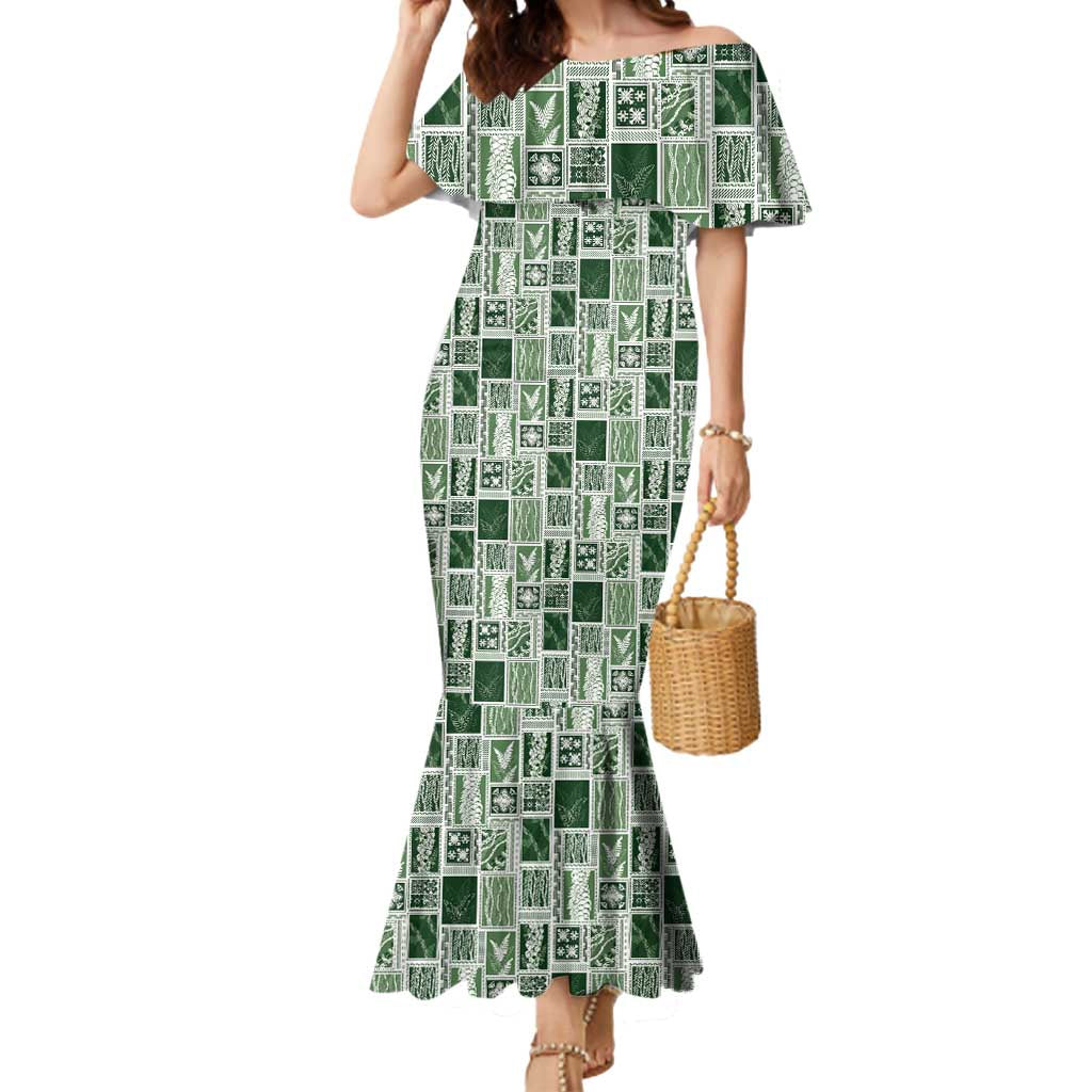 Vintage Aloha Block Quilt Mermaid Dress Green Inspired Lei Motifs LT9 Women Green - Polynesian Pride