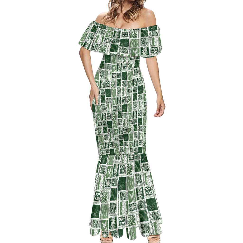 Vintage Aloha Block Quilt Mermaid Dress Green Inspired Lei Motifs LT9 - Polynesian Pride