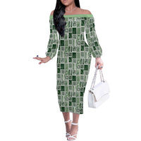 Vintage Aloha Block Quilt Off The Shoulder Long Sleeve Dress Green Inspired Lei Motifs LT9 Women Green - Polynesian Pride
