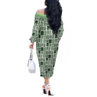 Vintage Aloha Block Quilt Off The Shoulder Long Sleeve Dress Green Inspired Lei Motifs LT9 - Polynesian Pride